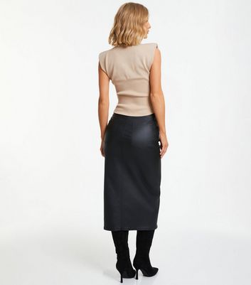Quiz Black Leather-Look Midi Skirt New Look