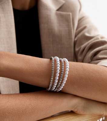 Silver Faux Pearl and Diamanté Cuff Bracelet