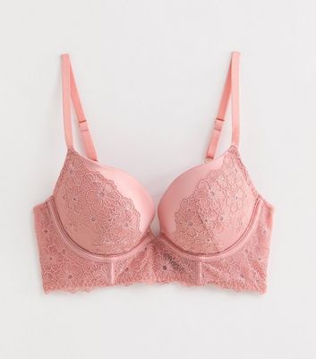 Pink Floral Embroidered Push Up Bra New Look