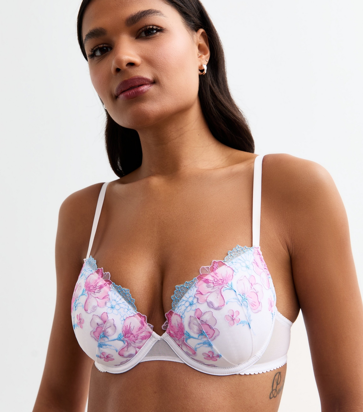 Women's Pink Floral-Embroidered Mesh T-Shirt Bra New Look