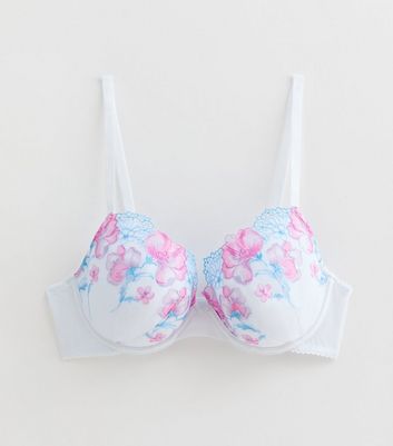 Pink Floral-Embroidered Mesh T-Shirt Bra New Look