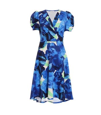QUIZ Bright Blue Floral Dip Hem Midi Dress New Look