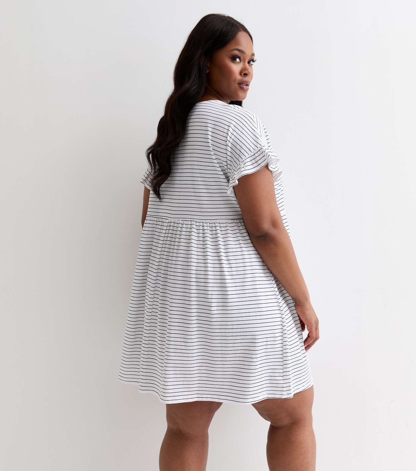 Curves White Stripe Short Frill Sleeve Mini Smock Dress Image 4