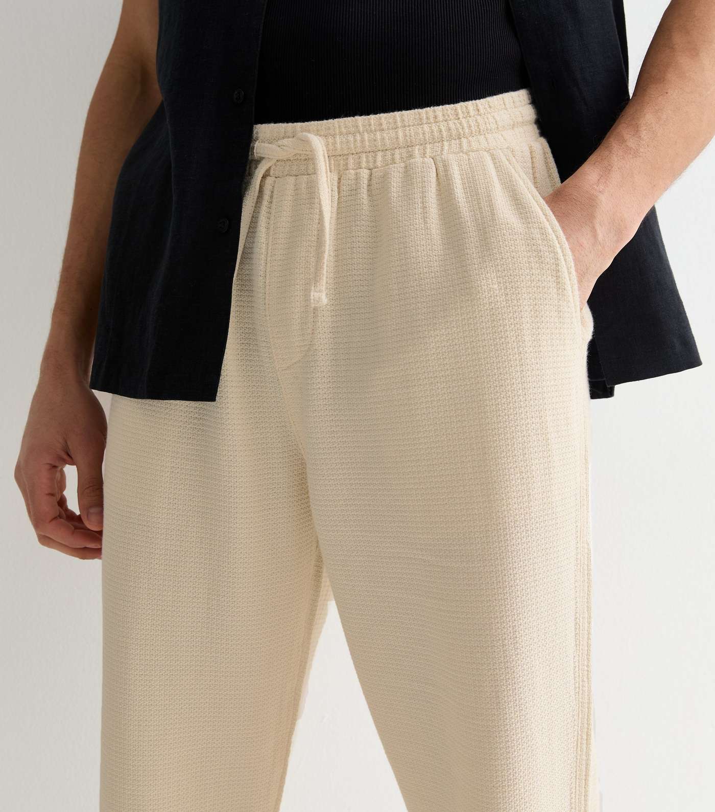 Cream Textured Cotton Pull On Drawstring Trousers Image 2