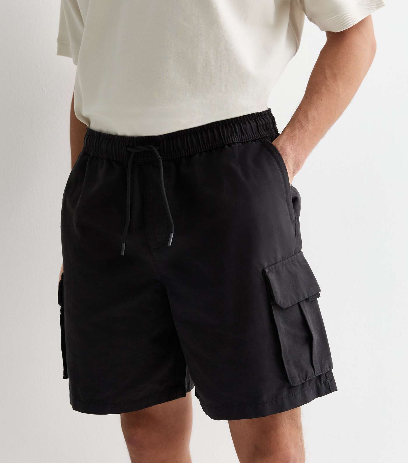 Black Drawstring Tech Relaxed Fit Cargo Shorts Image 2