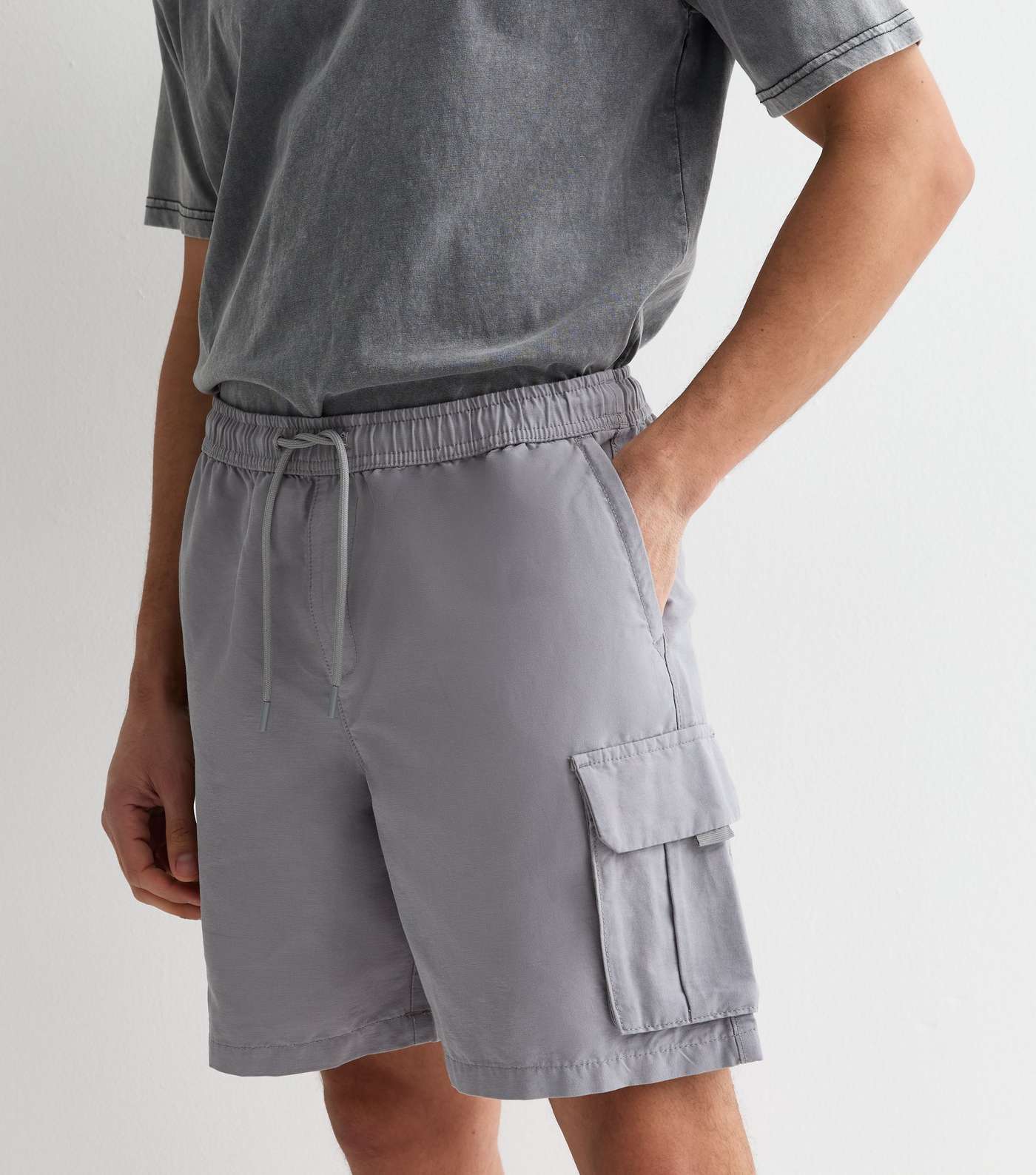 Pale Grey Drawstring Tech Relaxed Fit Cargo Shorts Image 2