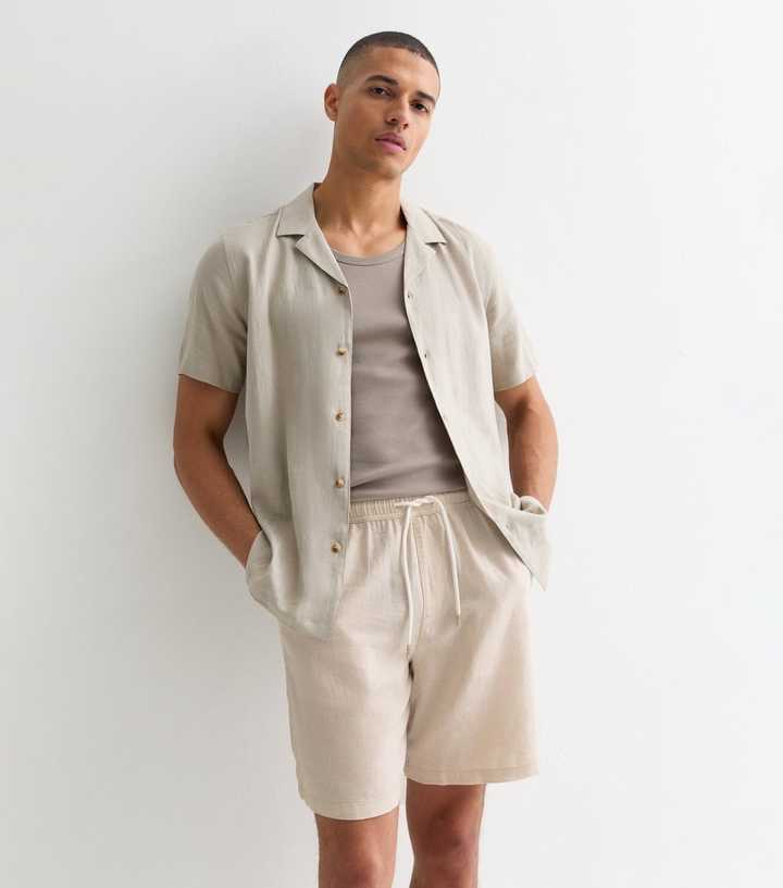 Cream Linen Blend Relaxed Fit Drawstring Shorts