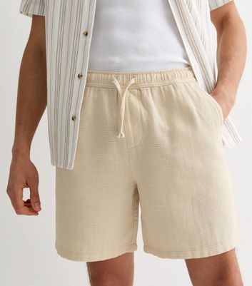 Cream Textured Relaxed Fit Cotton Drawstring Shorts