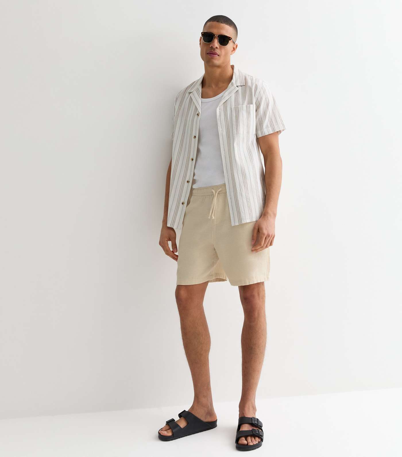 Cream Textured Relaxed Fit Cotton Drawstring Shorts Image 3