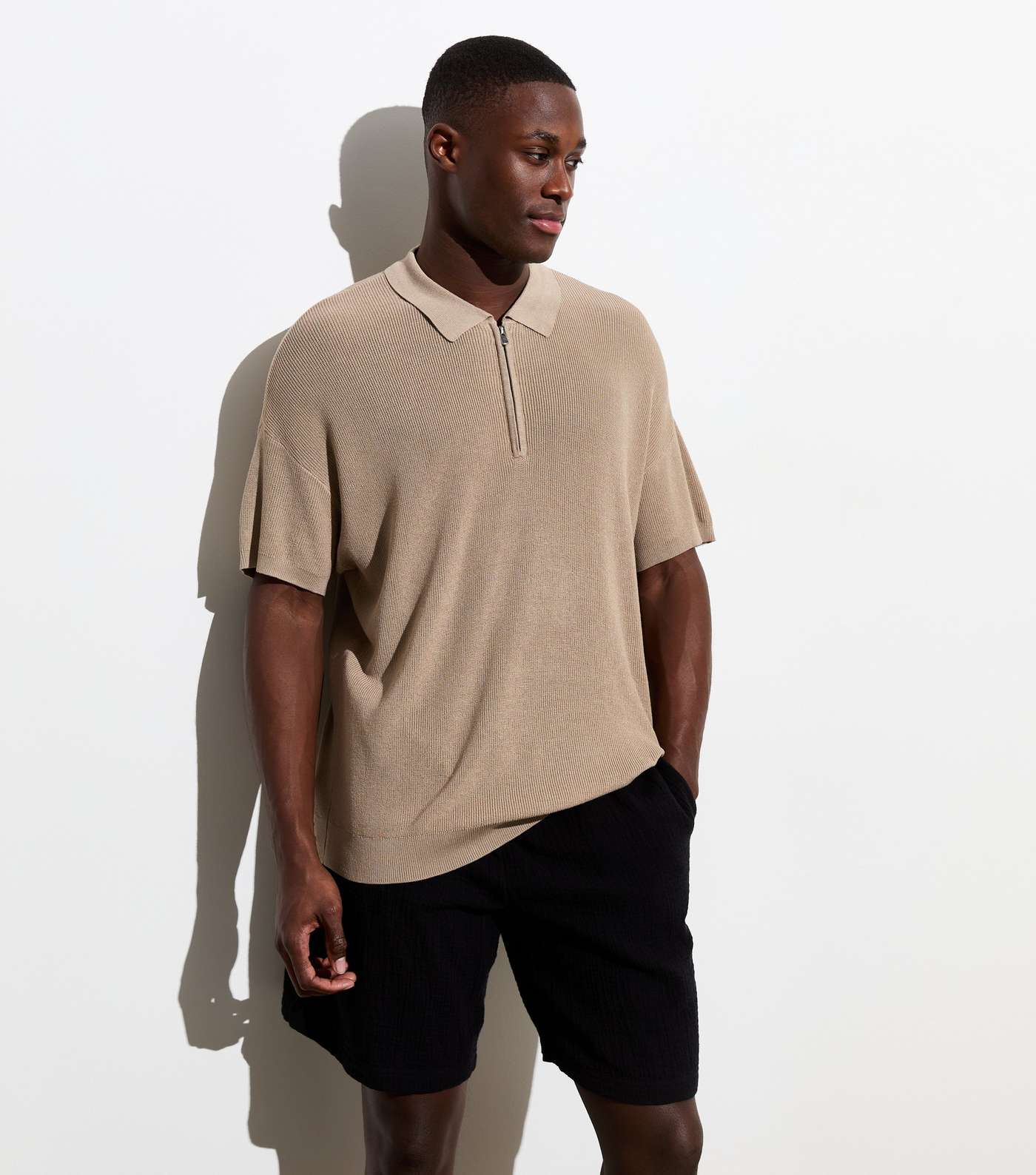 Stone Zip Neck Relaxed Fit Short Sleeve Knit Polo Shirt