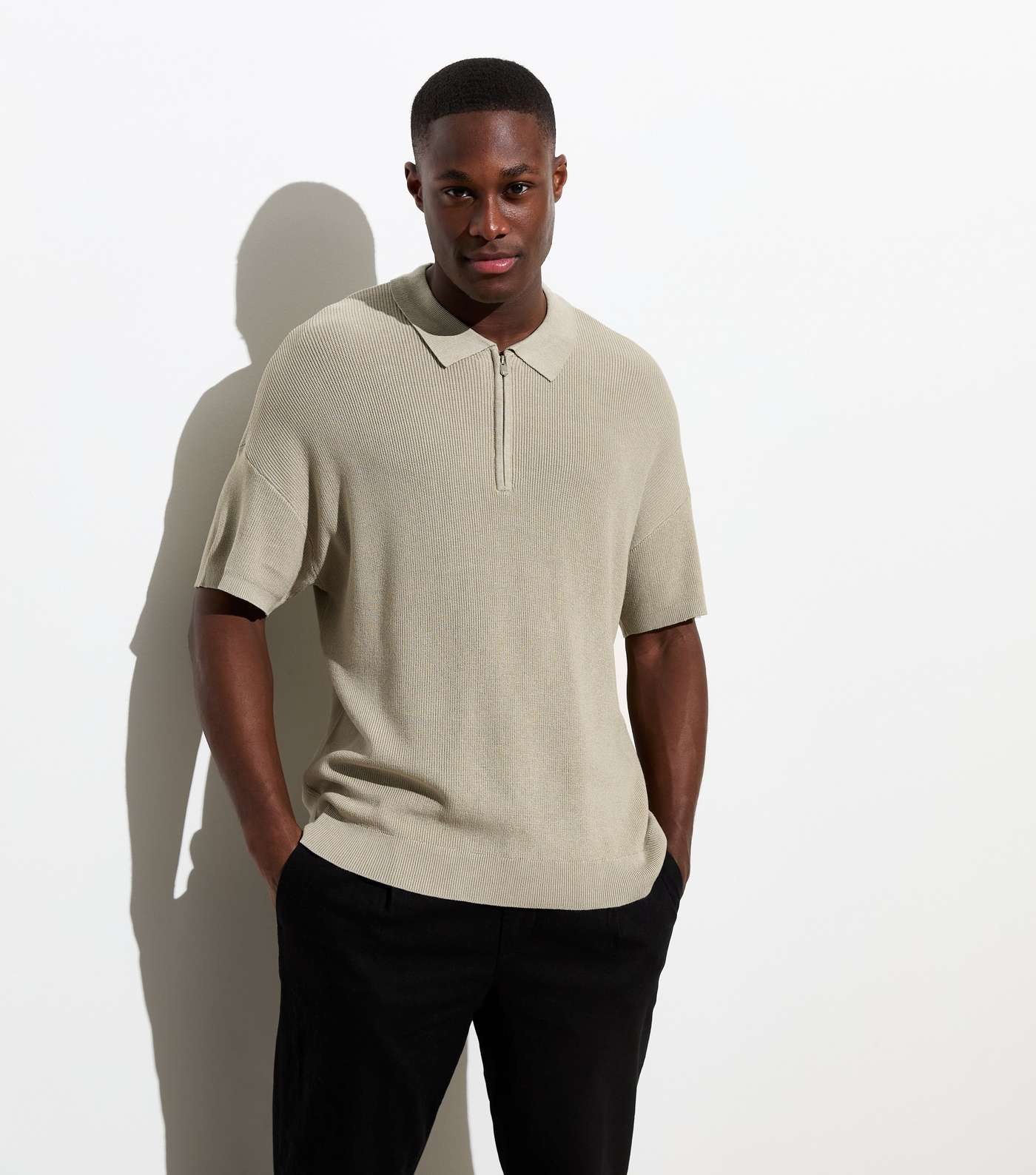 Olive Zip Neck Relaxed Fit Short Sleeve Knit Polo Shirt