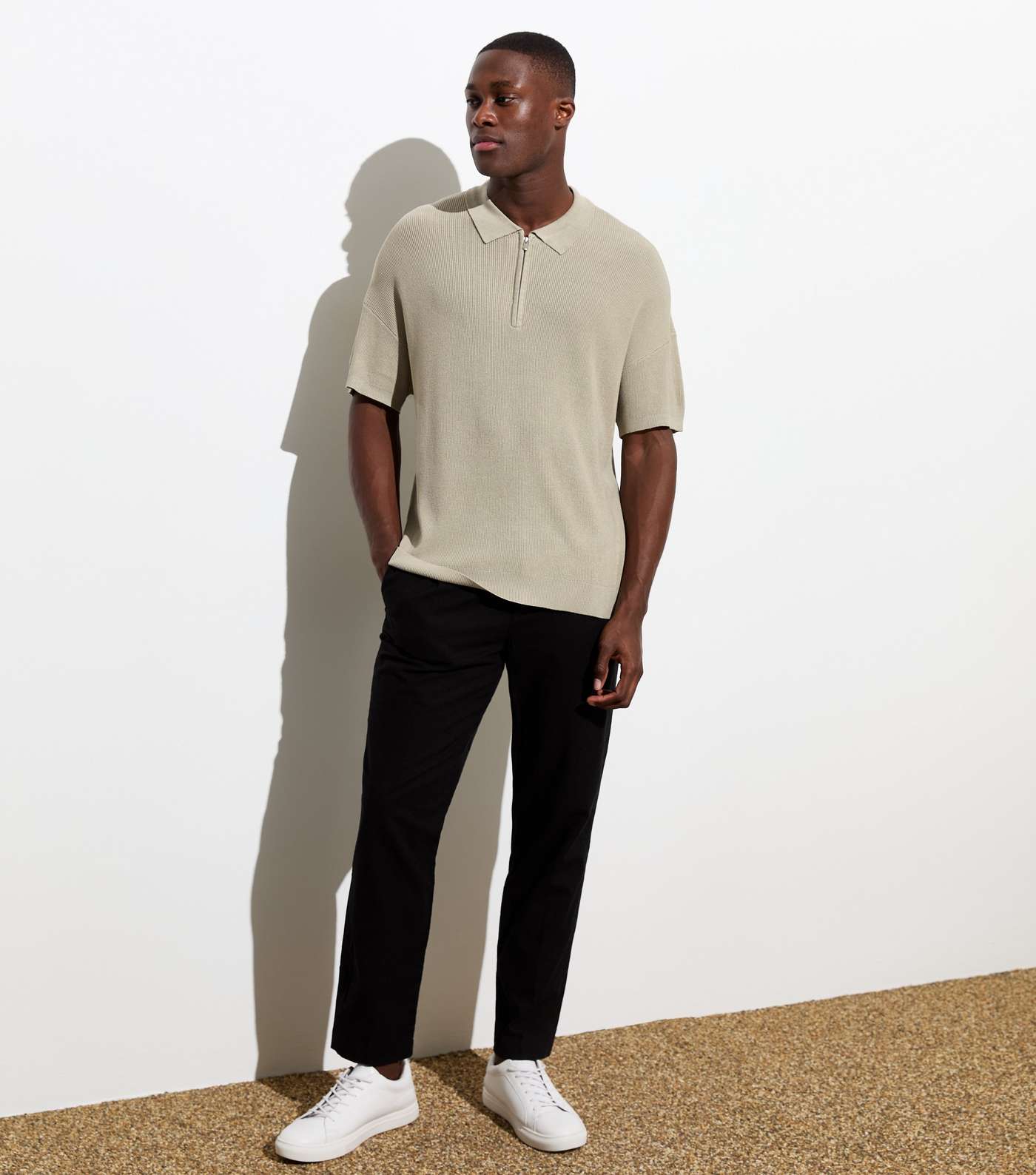 Olive Zip Neck Relaxed Fit Short Sleeve Knit Polo Shirt Image 3