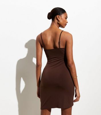 Dark Brown Jersey Strappy Ruched Bodycon Mini Dress New Look