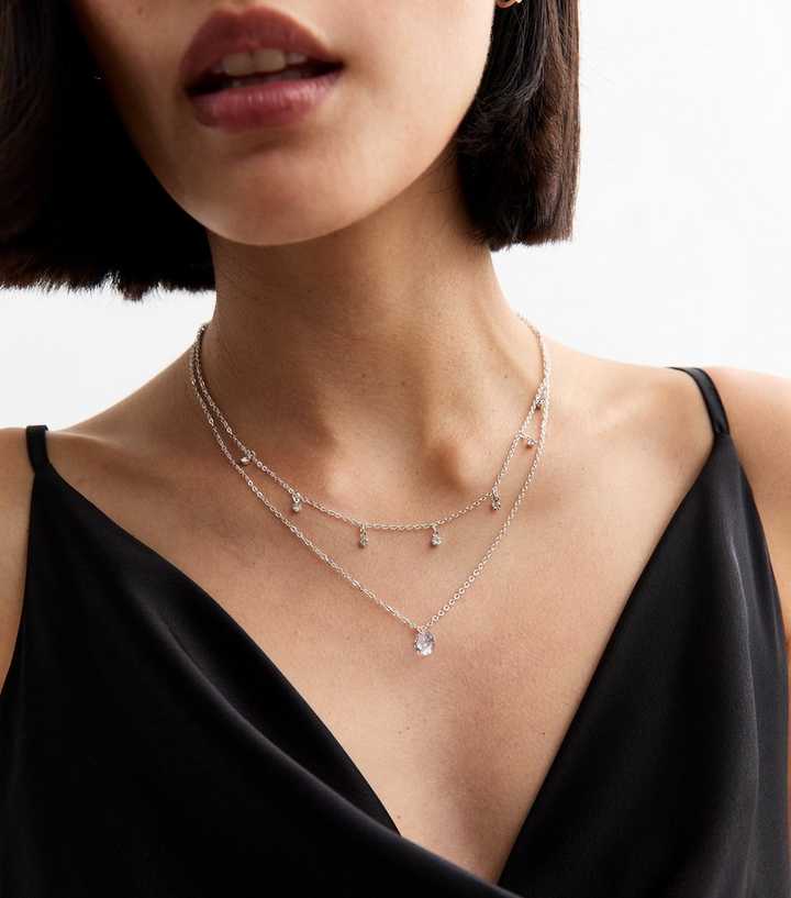 Silver Tone Double Chain Cubic Zirconia Charm Necklace New Look