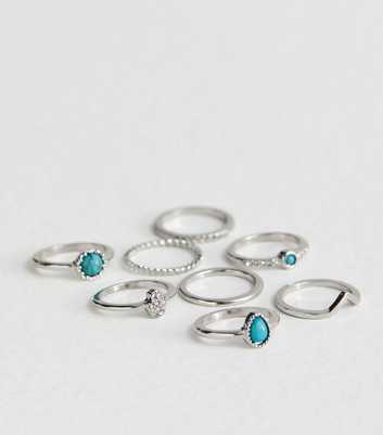 8 Pack Silver Turquoise Gem Rings