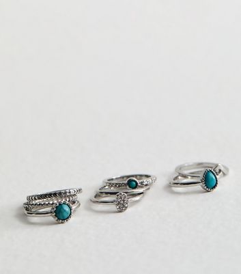 8 Pack Silver Turquoise Gem Rings New Look