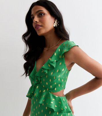 Green Gold Foil Print Sleeveless Ruffle Cut Out Midi Dress New Look