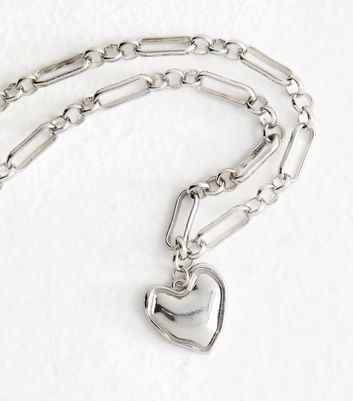 Silver-Tone Heart Pendant Mixed Chain Necklace New Look