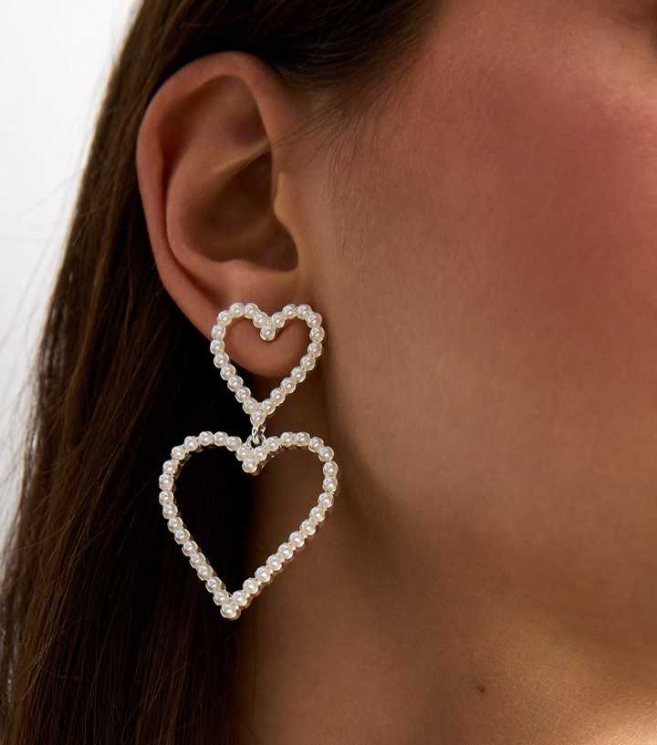 Silver Faux Pearl Heart Doorknocker Earrings