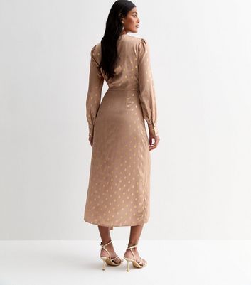 Light Brown Foil Print Long Sleeve Wrap Midi Dress New Look