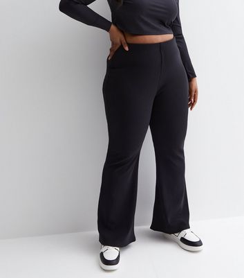 Curves Black Ribbed Flared Trousers New Look