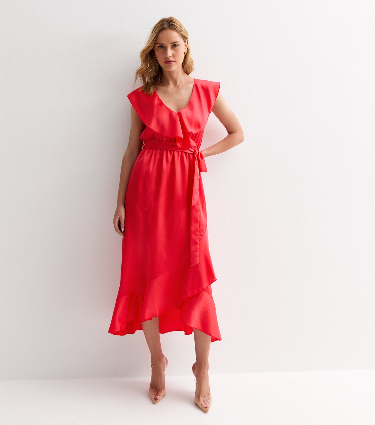 Women's Coral Sleeveless Belted Ruffle Midi Dress New Look