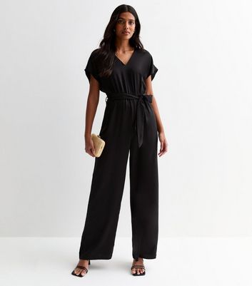 Black Satin Short Sleeve Belted Wide Leg Jumpsuit