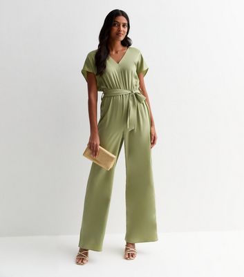 Green Satin Short Sleeve Belted Wide Leg Jumpsuit New Look