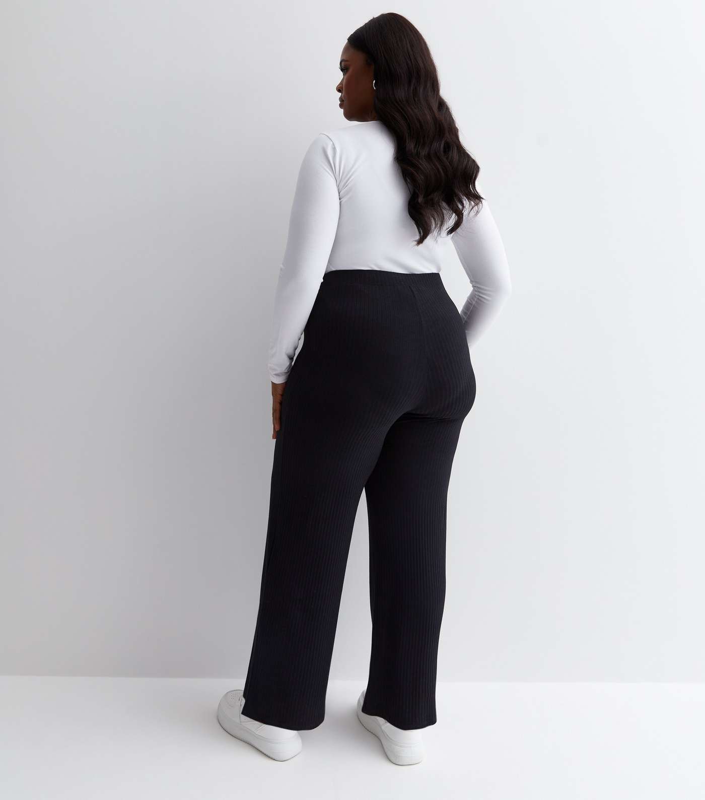 Curves Black Ribbed Wide Leg Trousers Image 4