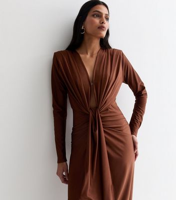 Dark Brown Plunge Long Sleeve Bodycon Midi Dress New Look