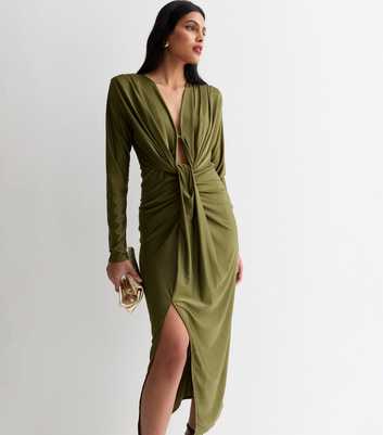 Olive Plunge Long Sleeve Bodycon Midi Dress