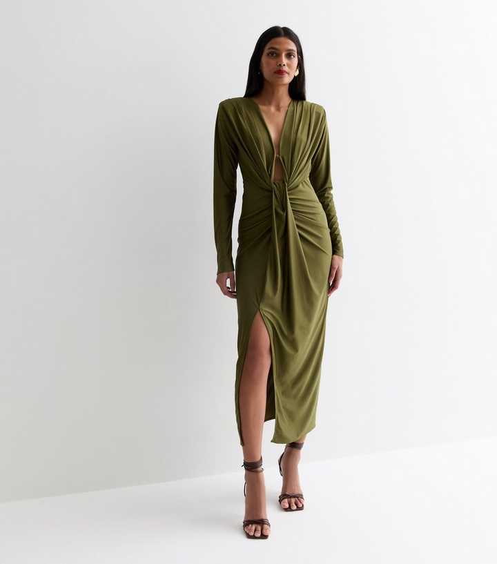Olive Plunge Long Sleeve Bodycon Midi Dress | New Look