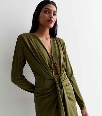 Olive Plunge Long Sleeve Bodycon Midi Dress New Look