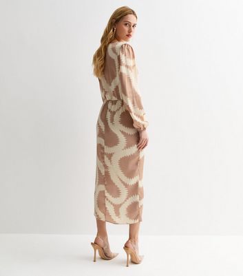 Camel Abstract Print Long Sleeve Wrap Midi Dress New Look