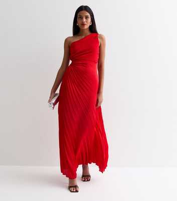 Red Satin Pleated One Shoulder Cut Out Midi Dress