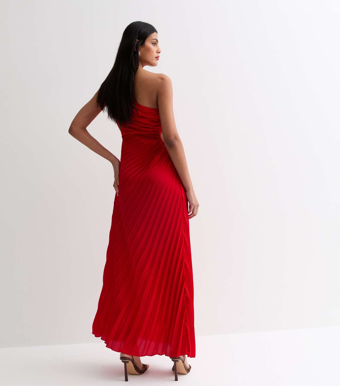 Red Satin Pleated One Shoulder Cut Out Midi Dress Image 5
