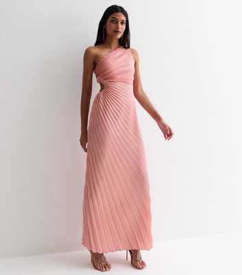 Pink Satin Pleated One Shoulder Cut Out Midi Dress