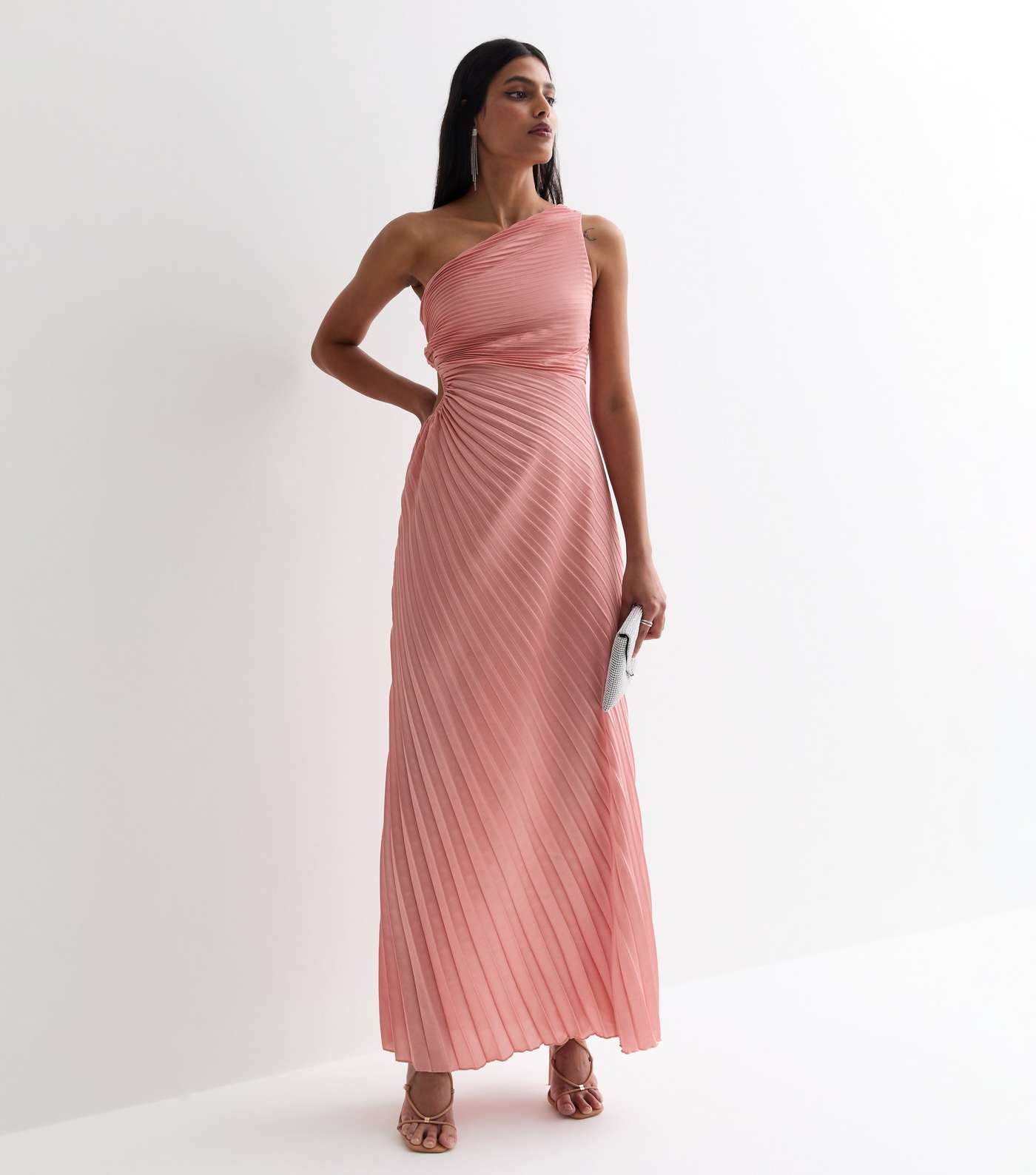 Pink Satin Pleated One Shoulder Cut Out Midi Dress Image 4
