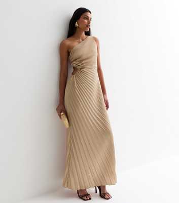 Gold Satin Pleated One Shoulder Cut Out Midi Dress