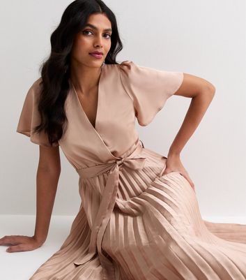 Light Brown Satin Wrap Front Pleated Midi Dress New Look