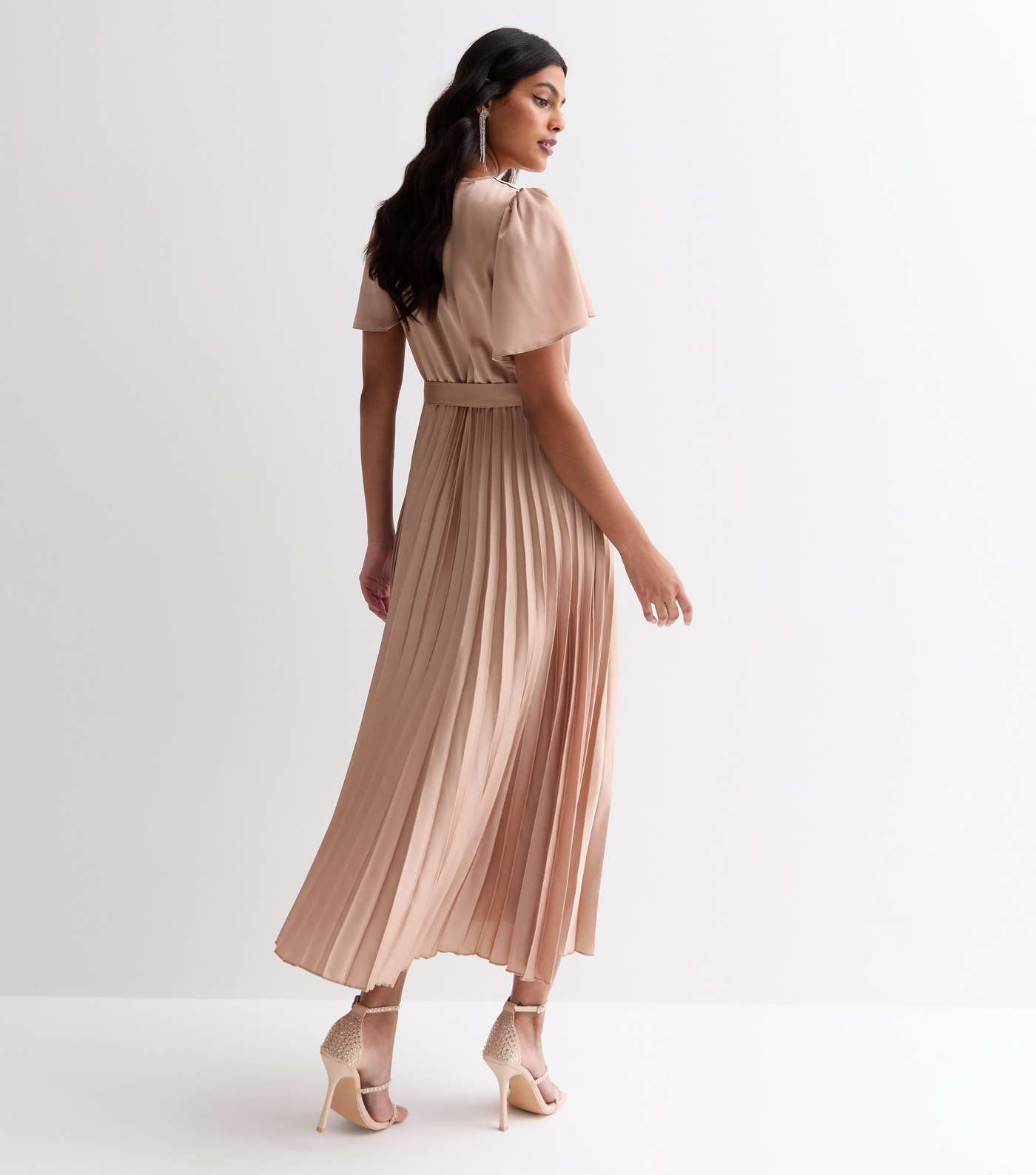 Light Brown Satin Wrap Front Pleated Midi Dress Image 5