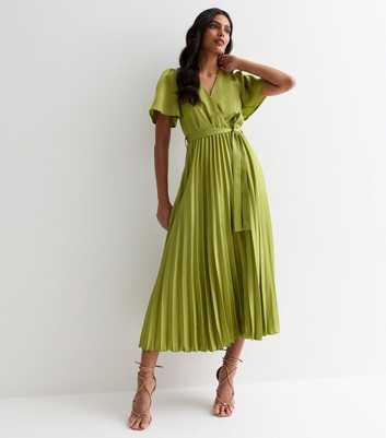 Green Satin Wrap Front Pleated Midi Dress