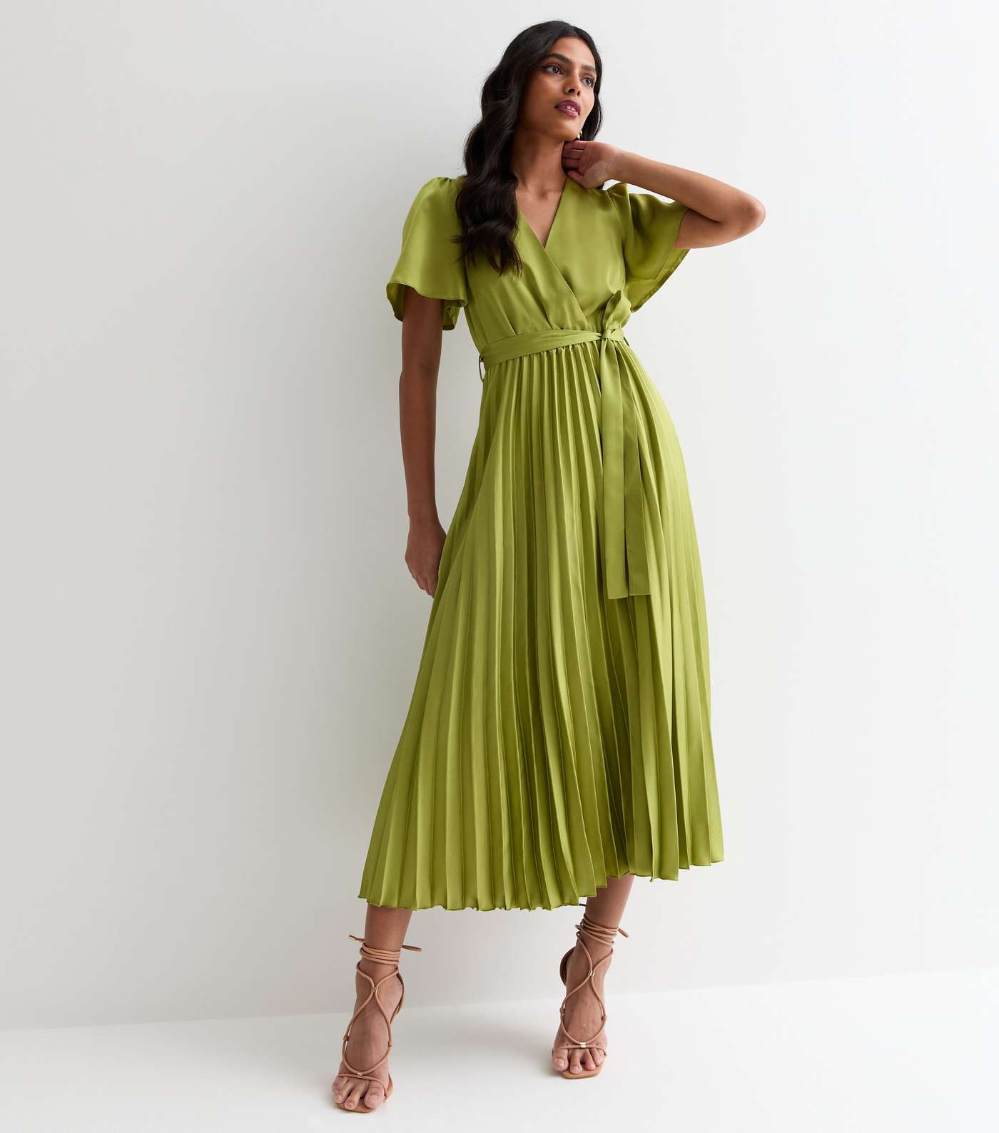 Green Satin Wrap Front Pleated Midi Dress