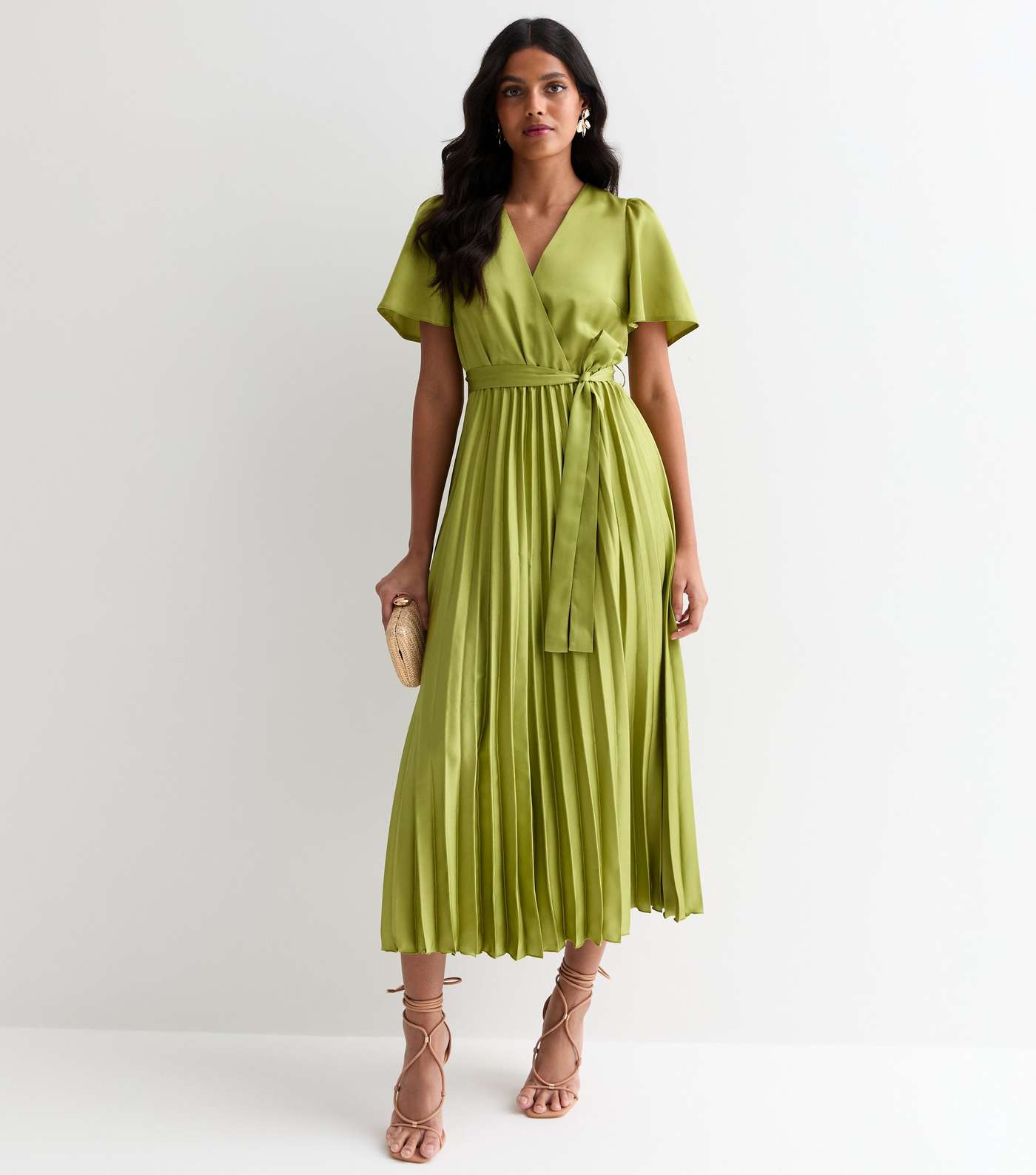 Green Satin Wrap Front Pleated Midi Dress Image 3