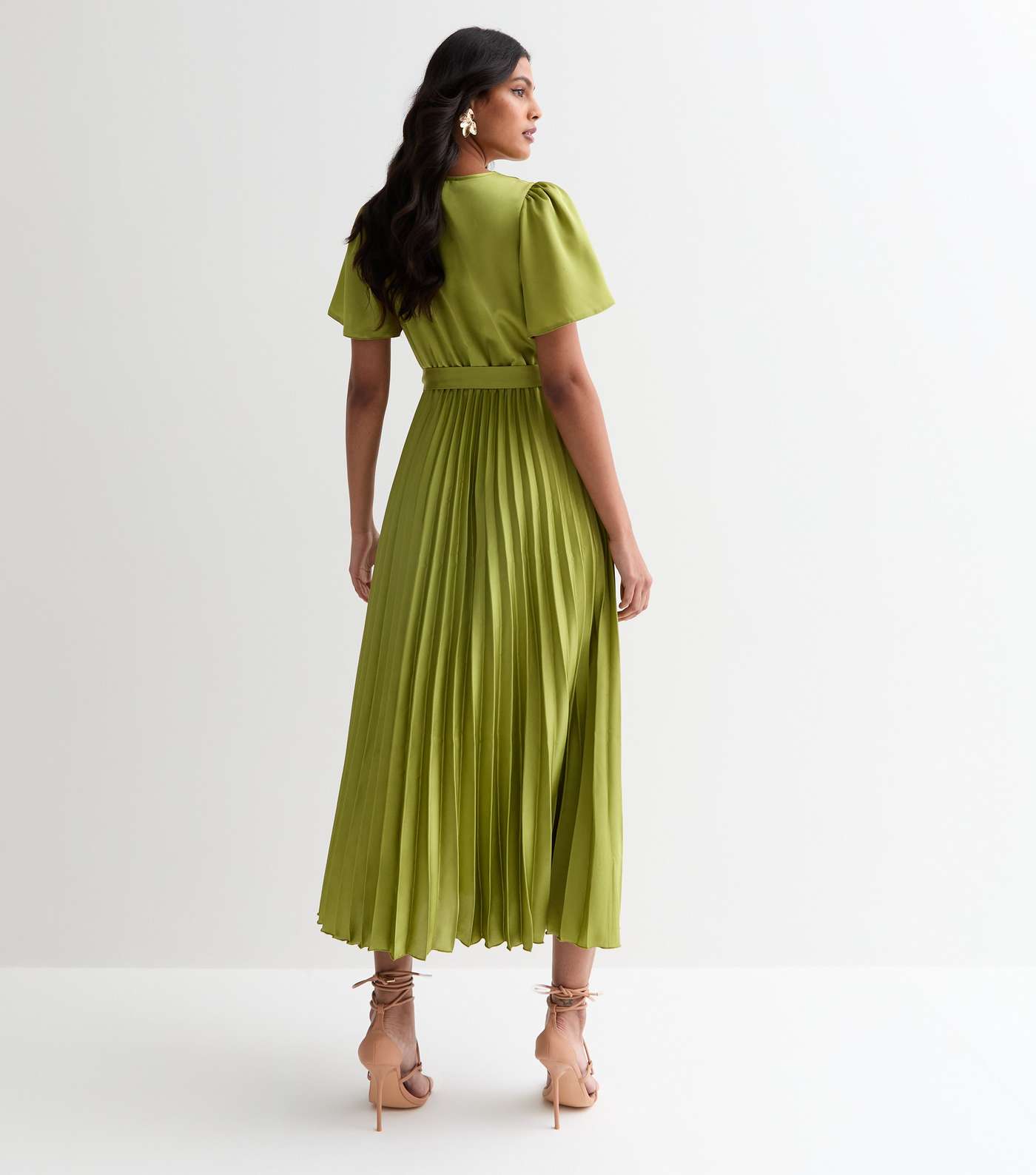 Green Satin Wrap Front Pleated Midi Dress Image 5