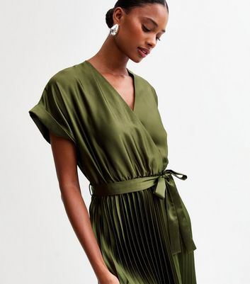 Khaki Pleated Skirt Satin Midi Dress