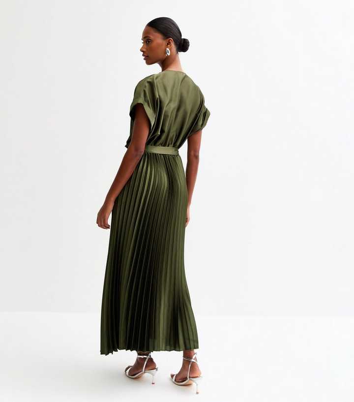 Pretty Little Khaki Satin Midi Dress Khaki Pleated Skirt Satin