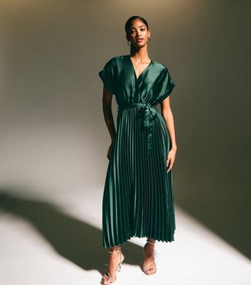 Dark Green Pleated Satin Midi Dress New Look