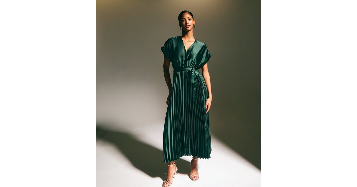 new look satin pleated dress Green Satin Pleated Midaxi Wrap Dress