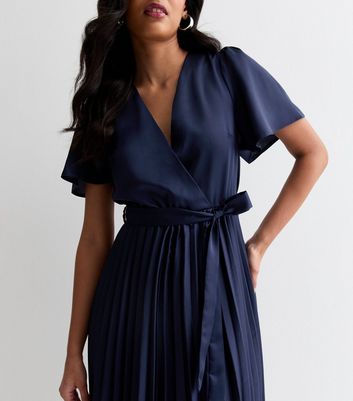 Navy Satin Wrap Front Pleated Midi Dress | New Look